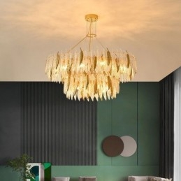 Kunstnerisk Glasslysekrone Med Fjærrund Taklampe