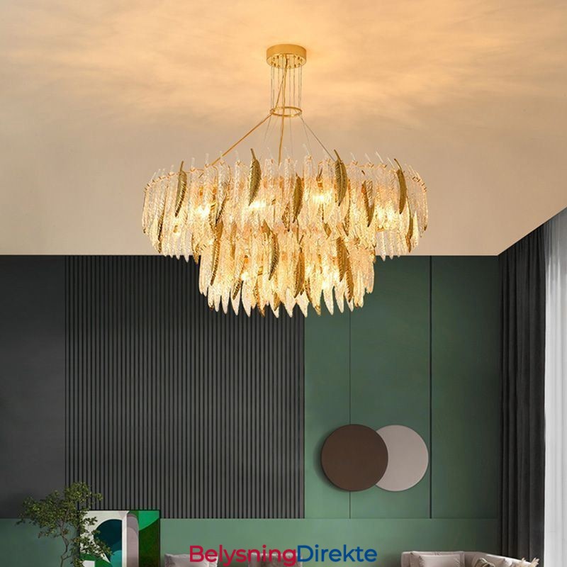 Kunstnerisk Glasslysekrone Med Fjærrund Taklampe