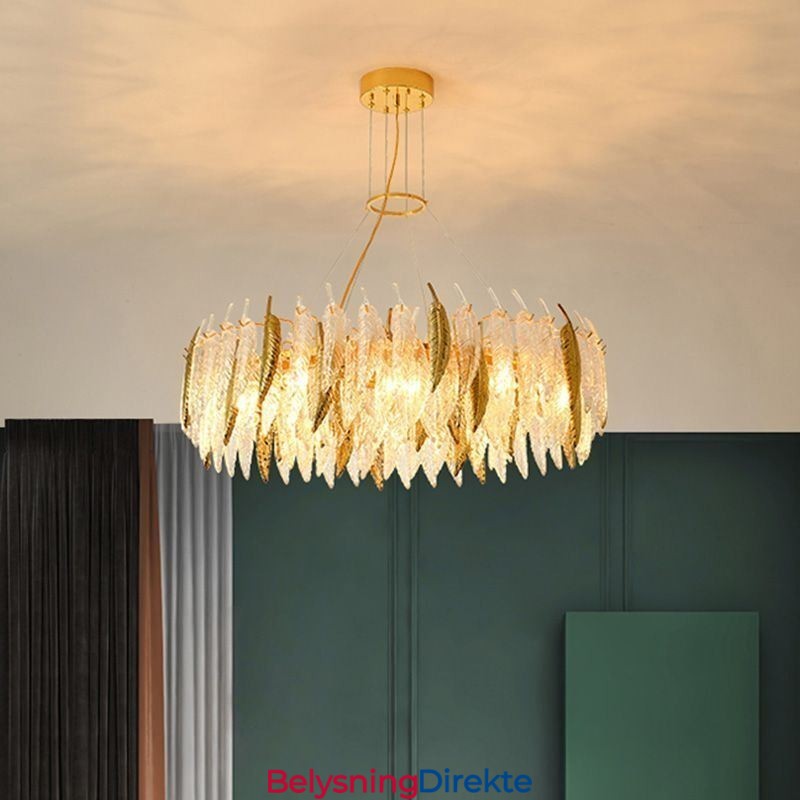Kunstnerisk Glasslysekrone Med Fjærrund Taklampe