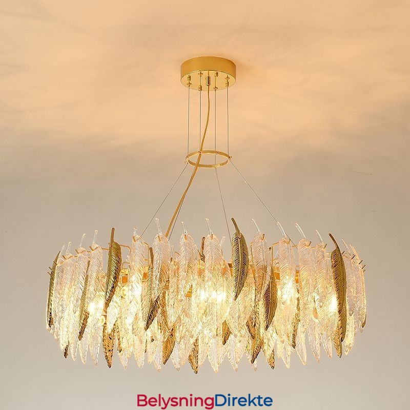 Kunstnerisk Glasslysekrone Med Fjærrund Taklampe