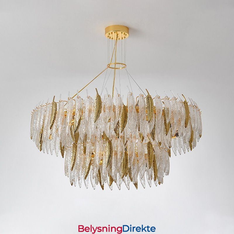 Kunstnerisk Glasslysekrone Med Fjærrund Taklampe