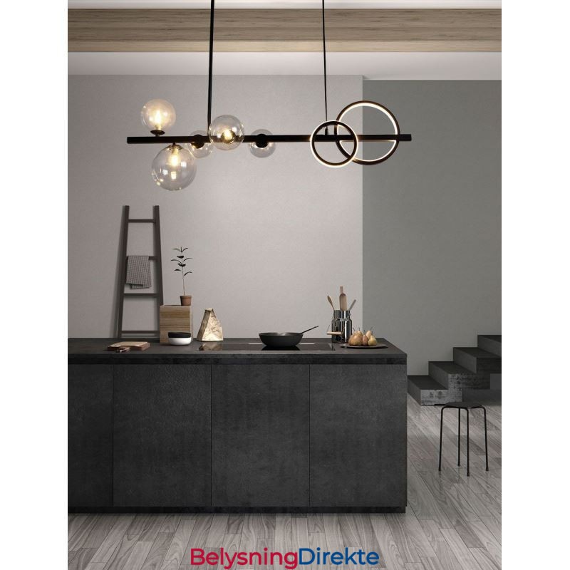 Moderne Glassboble-Anhengslampe I Svart Med Lange Festefester