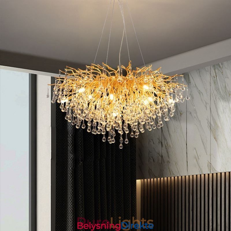 Nordisk Krystalllysekrone Med Blomster, Rund Skjerm, Luksuriøs Gullfarget Anhengslampe