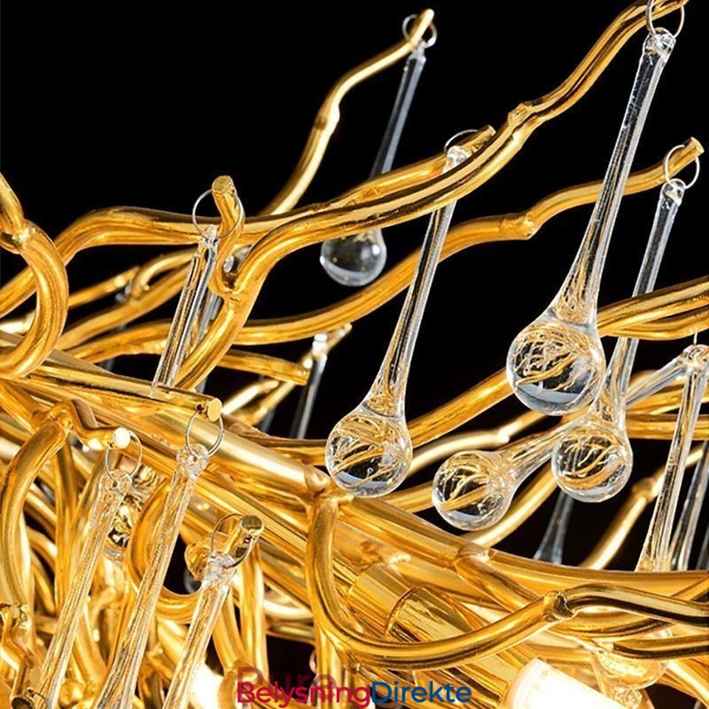 Nordisk Krystalllysekrone Med Blomster, Rund Skjerm, Luksuriøs Gullfarget Anhengslampe