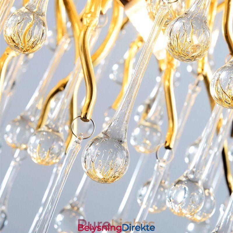 Nordisk Krystalllysekrone Med Blomster, Rund Skjerm, Luksuriøs Gullfarget Anhengslampe