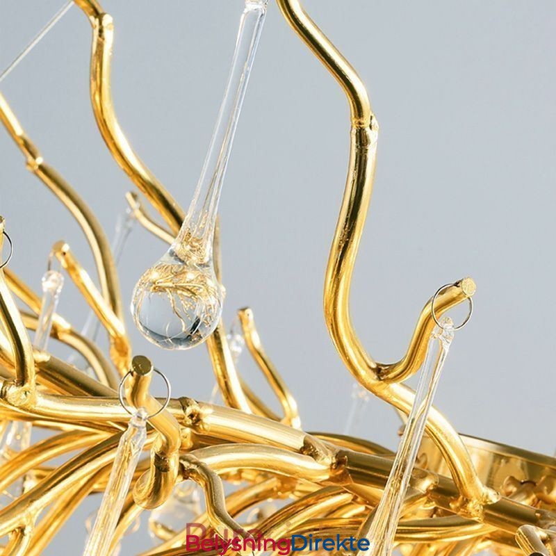 Nordisk Krystalllysekrone Med Blomster, Rund Skjerm, Luksuriøs Gullfarget Anhengslampe