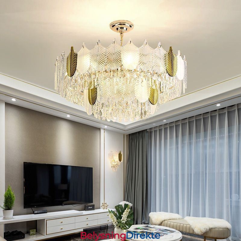 Luksuriøs Bladformet Anhengslampe I Krystall I Taket