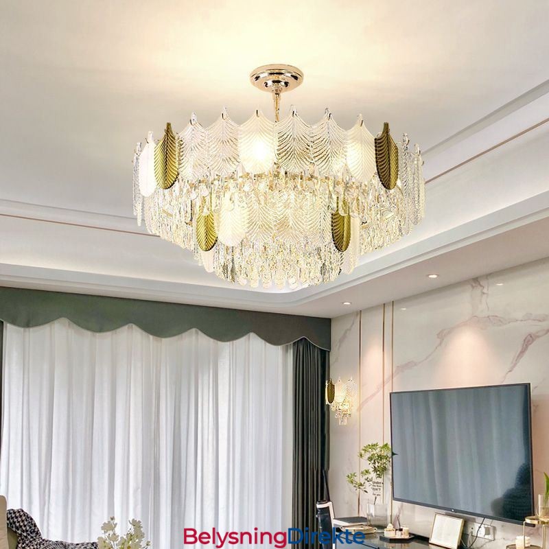 Luksuriøs Bladformet Anhengslampe I Krystall I Taket