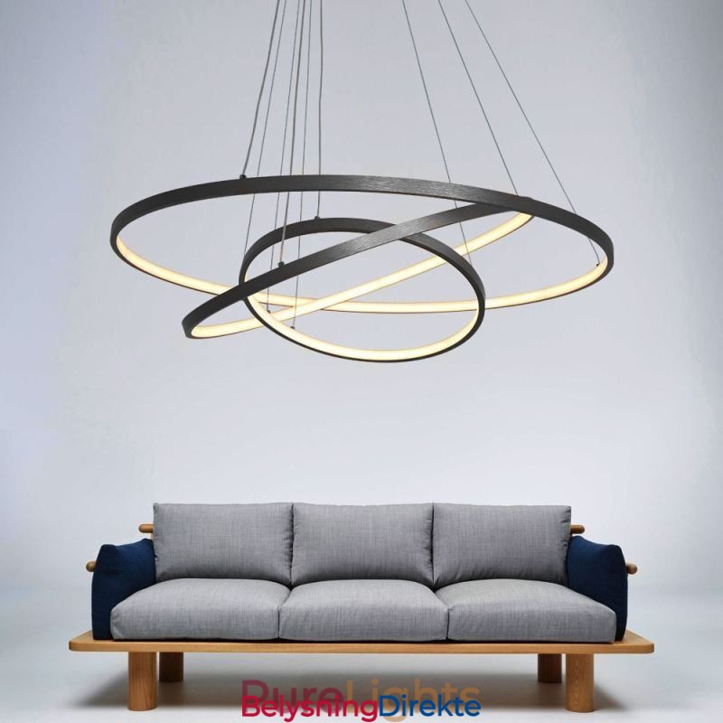 Moderne Pendellampe I Aluminium, Svart, Hengende Lampe Med 3 Ringer