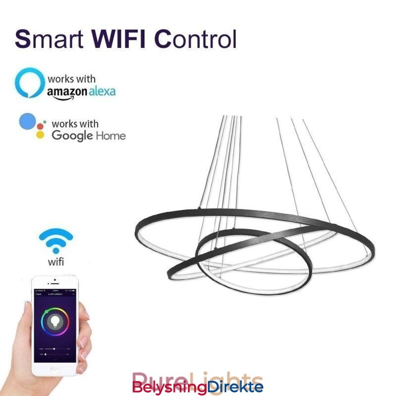 Moderne Pendellampe I Aluminium, Svart, Hengende Lampe Med 3 Ringer