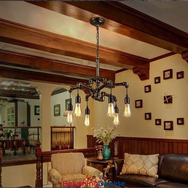 6 Lys Retro Industriell Vintage Vannrør Anhengslampe Lysekrone Landlig Rustikk Stil