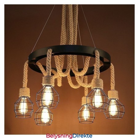 Retro Stil 6 Hoder Anhengslampe Hamptau Lysekrone Med Jernskjerm