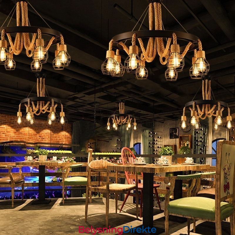 Retro Stil 6 Hoder Anhengslampe Hamptau Lysekrone Med Jernskjerm