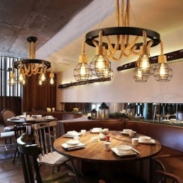 Retro Stil 6 Hoder Anhengslampe Hamptau Lysekrone Med Jernskjerm