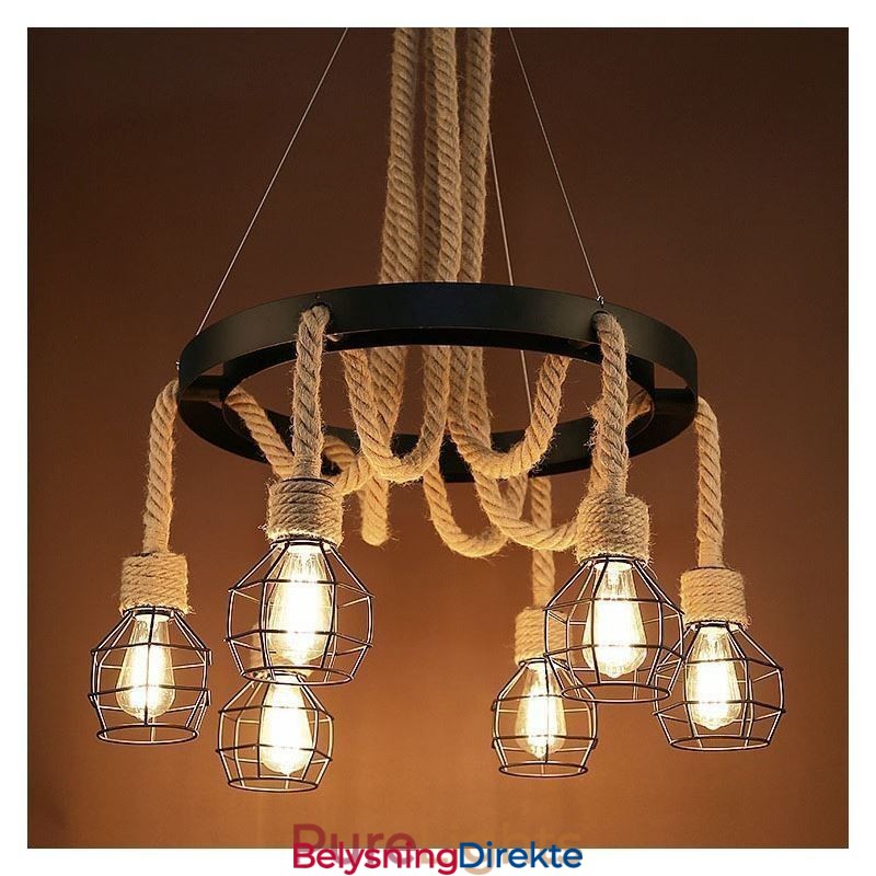 Retro Stil 6 Hoder Anhengslampe Hamptau Lysekrone Med Jernskjerm