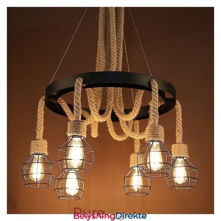 Retro Stil 6 Hoder Anhengslampe Hamptau Lysekrone Med Jernskjerm