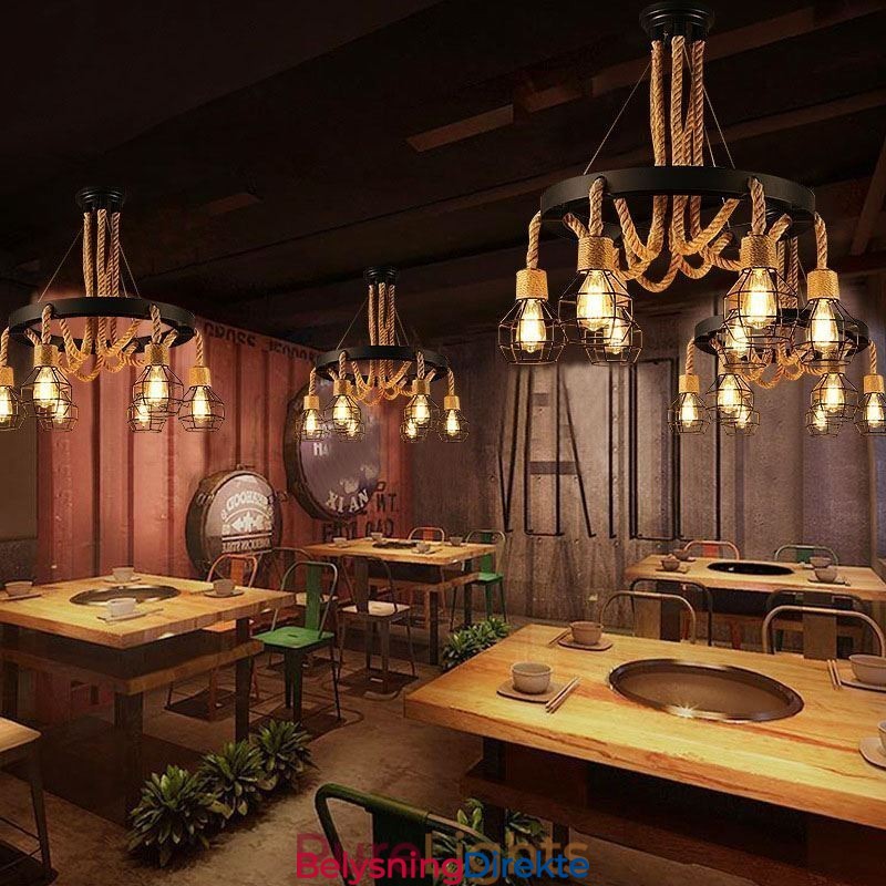 Retro Stil 6 Hoder Anhengslampe Hamptau Lysekrone Med Jernskjerm