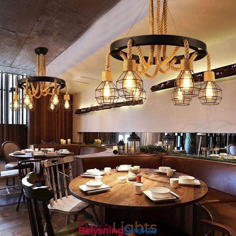 Retro Stil 6 Hoder Anhengslampe Hamptau Lysekrone Med Jernskjerm