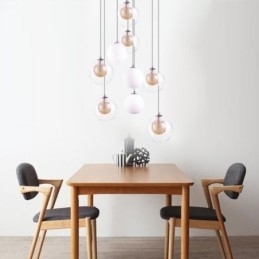 Pendellampe I Glass, Klyngeformet Taklampe, Gullnikkel, Børstet + Melkeaktig Glasskule