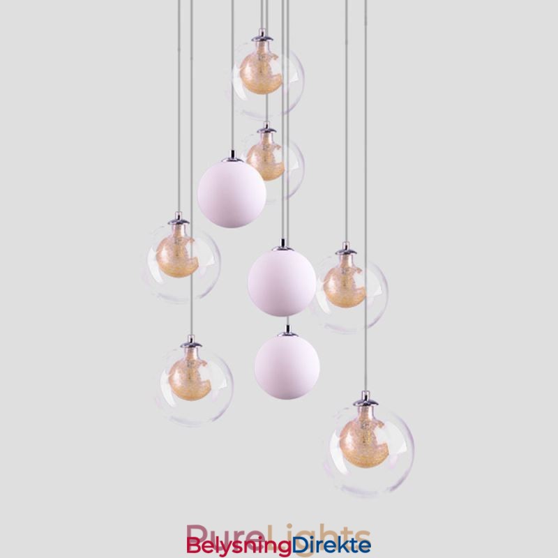 Pendellampe I Glass, Klyngeformet Taklampe, Gullnikkel, Børstet + Melkeaktig Glasskule