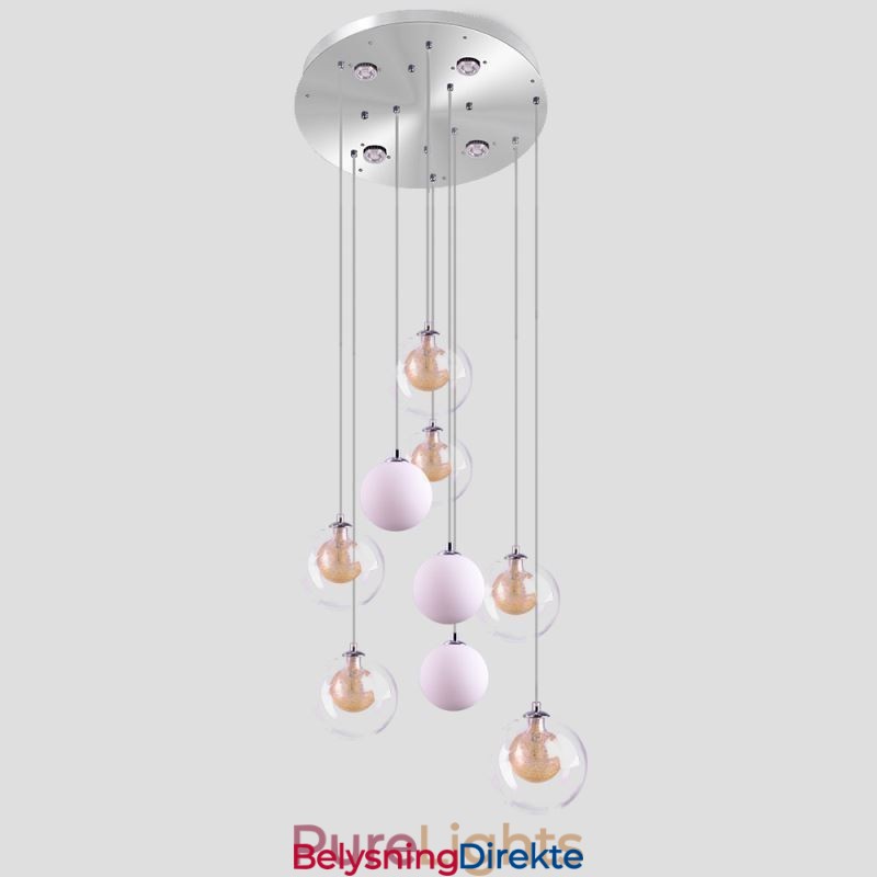 Pendellampe I Glass, Klyngeformet Taklampe, Gullnikkel, Børstet + Melkeaktig Glasskule