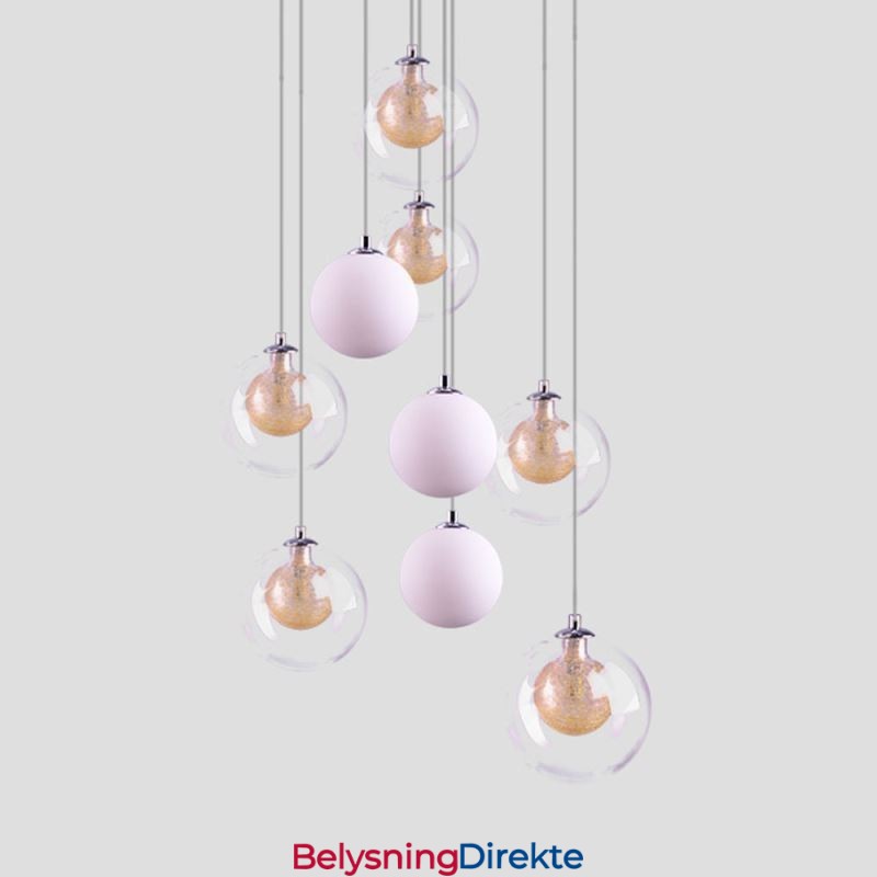 Pendellampe I Glass, Klyngeformet Taklampe, Gullnikkel, Børstet + Melkeaktig Glasskule