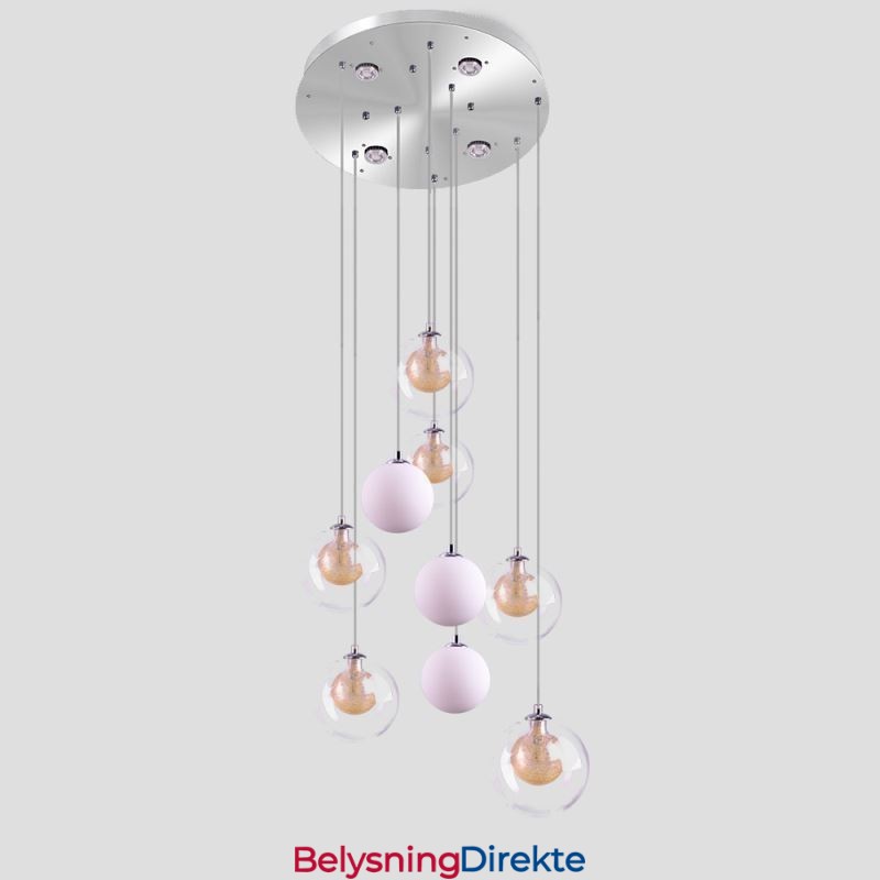 Pendellampe I Glass, Klyngeformet Taklampe, Gullnikkel, Børstet + Melkeaktig Glasskule