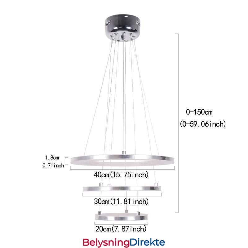 Moderne Pendellampe I Akryl Med 3 Ringer, 40+30+20 Cm