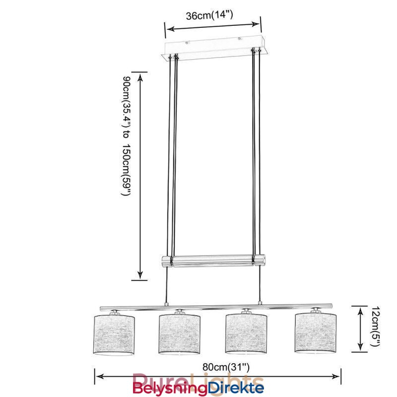 Moderne Pendellampe Med 4 Lys Og Justerbar Høyde I Stoffskjerm