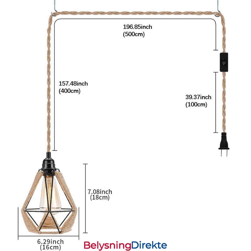 Retro Pendellampe Med Hamptau, Taklampe, 5 M Hengende Wire