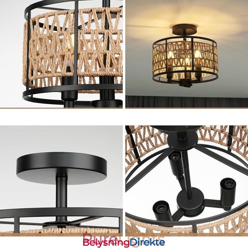 Retro Taklampe Svart Jernpapirsnor Taklampe 3 Lys