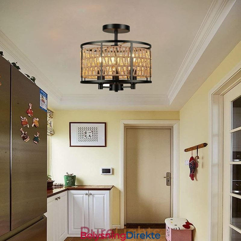 Retro Taklampe Svart Jernpapirsnor Taklampe 3 Lys