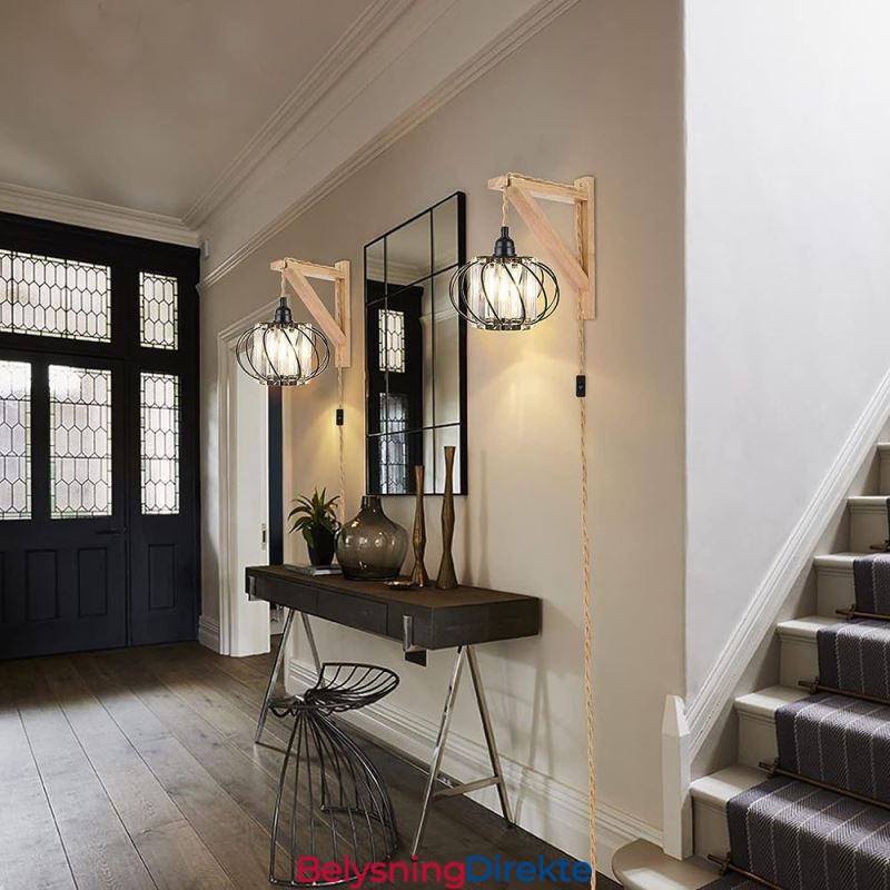 Retro Landlig Taklampe I Hamptau, Jern, Nattbordslampe Med Stikkontakt