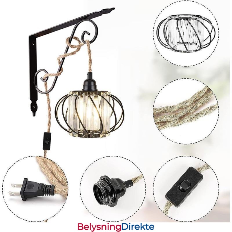 Retro Landlig Taklampe I Hamptau, Jern, Nattbordslampe Med Stikkontakt