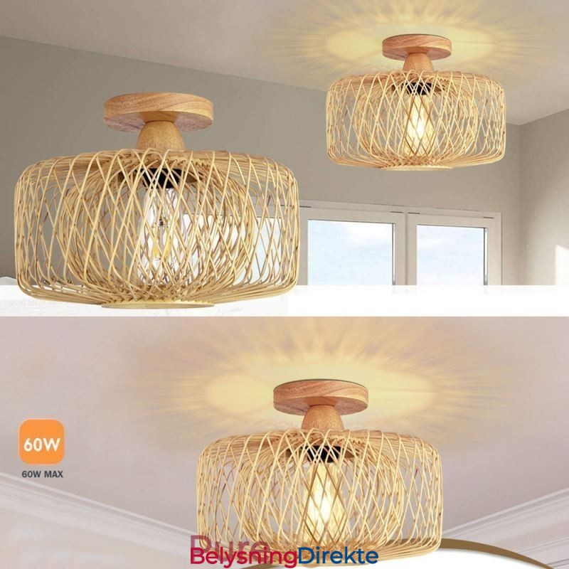 Retro Dobbeltlags Taklampe Håndvevd Bambus Lampeskjerm Taklampe