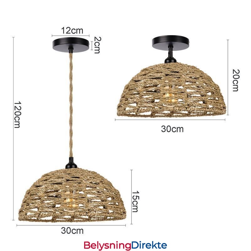 Landlig Retro Pendellampe Håndvevd Papirsnor Lampeskjerm 30 Cm