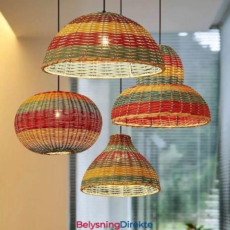 Bambus- Og Rottinganhengslampe, Fargerik Stripete Intervall, Håndvevd Lampeskjerm, Taklampe