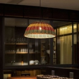 Bambus- Og Rottinganhengslampe, Fargerik Stripete Intervall, Håndvevd Lampeskjerm, Taklampe