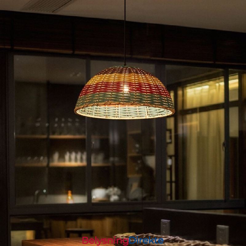 Bambus- Og Rottinganhengslampe, Fargerik Stripete Intervall, Håndvevd Lampeskjerm, Taklampe