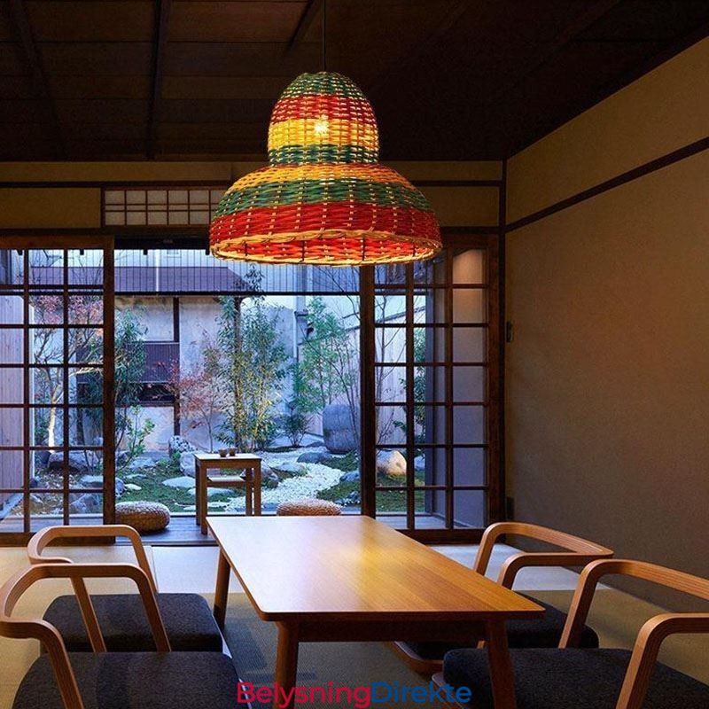 Bambus- Og Rottinganhengslampe, Fargerik Stripete Intervall, Håndvevd Lampeskjerm, Taklampe