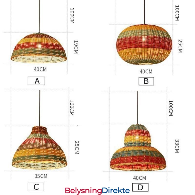 Bambus- Og Rottinganhengslampe, Fargerik Stripete Intervall, Håndvevd Lampeskjerm, Taklampe