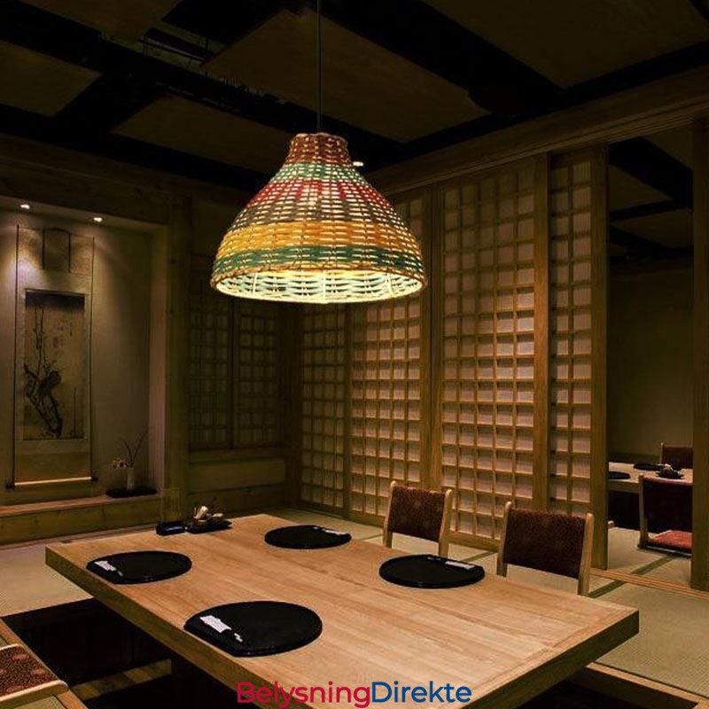 Bambus- Og Rottinganhengslampe, Fargerik Stripete Intervall, Håndvevd Lampeskjerm, Taklampe