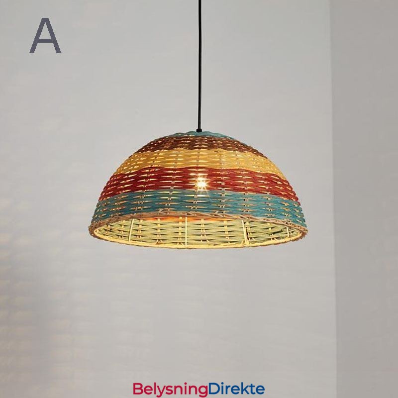 Bambus- Og Rottinganhengslampe, Fargerik Stripete Intervall, Håndvevd Lampeskjerm, Taklampe