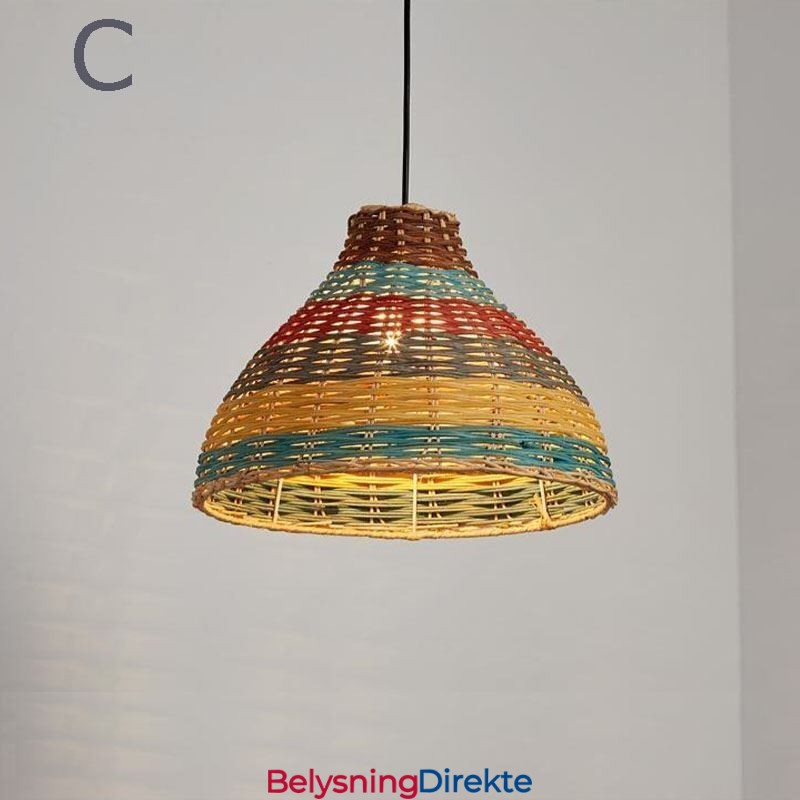 Bambus- Og Rottinganhengslampe, Fargerik Stripete Intervall, Håndvevd Lampeskjerm, Taklampe