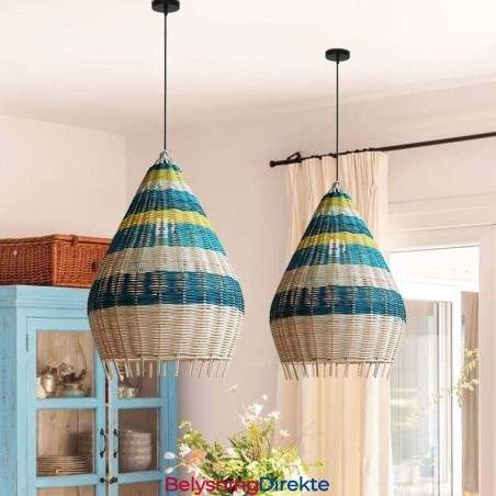 Bambus- Og Rottingpendellampe Med Striper, Håndvevd Intervallskjerm, Taklampe