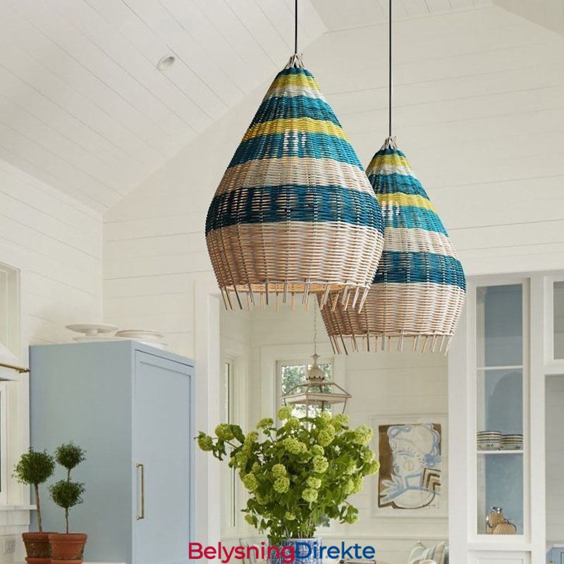 Bambus- Og Rottingpendellampe Med Striper, Håndvevd Intervallskjerm, Taklampe