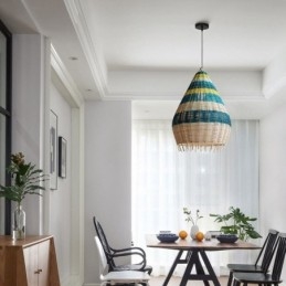 Bambus- Og Rottingpendellampe Med Striper, Håndvevd Intervallskjerm, Taklampe