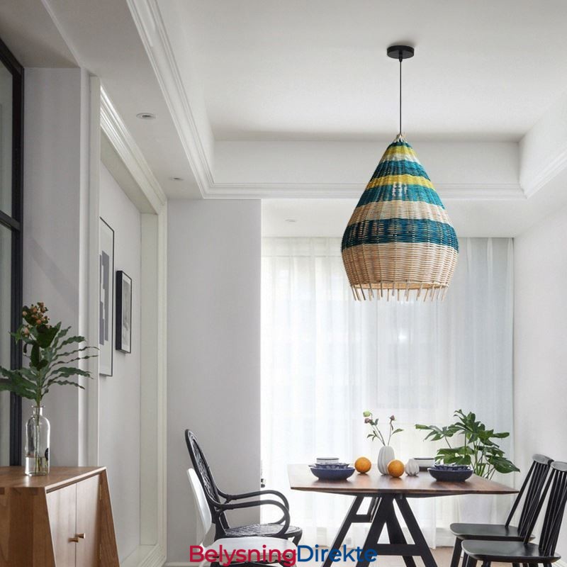 Bambus- Og Rottingpendellampe Med Striper, Håndvevd Intervallskjerm, Taklampe