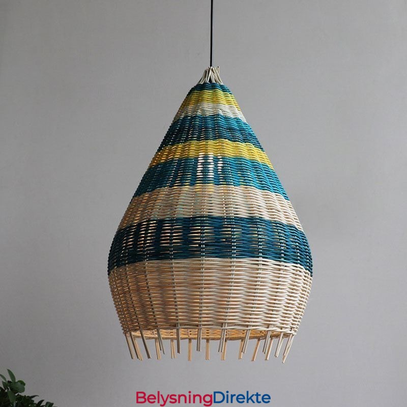 Bambus- Og Rottingpendellampe Med Striper, Håndvevd Intervallskjerm, Taklampe