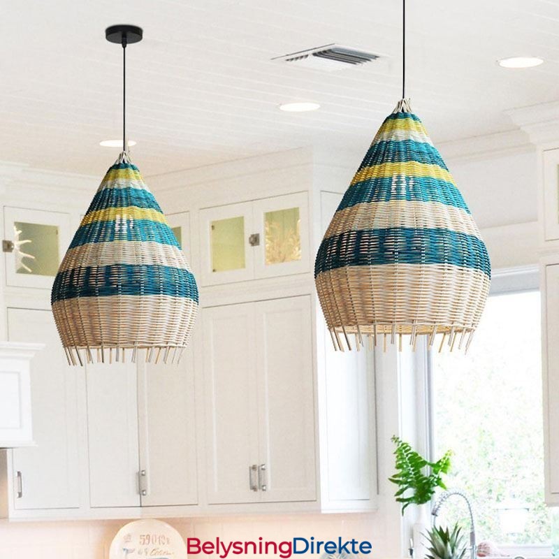 Bambus- Og Rottingpendellampe Med Striper, Håndvevd Intervallskjerm, Taklampe